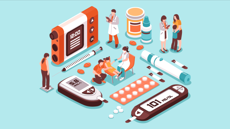 illustration of multiple small blood test devices, doctors and drugs